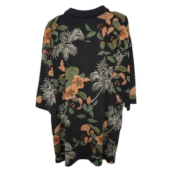 Tommy Bahama XL Silk Cotton Blend Polo Shirt Black Tropical Floral Palm Tree - Picture 2 of 6